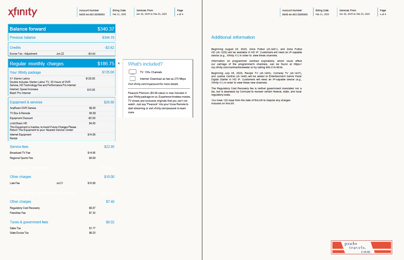 USA Xfinity utility bill template in Word and PDF formats, 4 pages, version 2, 3 4 pages